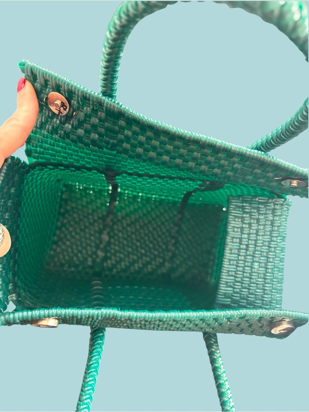 Emerald Green Woven Basket Handbag with Colorful Moth Accent - Picture 8 of 8